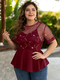 Embroidery  Mesh Patchwork O-neck Plus Size T-shirt for Women - Wine Red