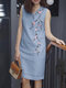 女性用花柄刺繍Vネックノースリーブドレス - 青
