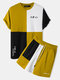 Mens Japanese Print Color Block Stitching Daily Two Pieces Outfits - Yellow