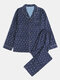 Mens Satin Silk Pattern Print  Lapel Casual Homewear Pajamas Set - Blue