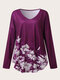 Plus Size Flower Print V-neck Long Sleeve Casual Women T-shirt - Purple