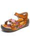 Socofy Genuine Leather Casual Vacation Bohemian Ethnic Floral Hook & Loop Comfy Wedges Sandals - Coffee