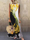 Vintage Printed O-neck Sleeveless Maxi Dress - Yellow