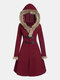 Solid Color Long Sleeve Hooded Coat For Women - Wine Red