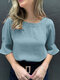 Women Solid Ruffle Sleeve Crew Neck Casual Blouse - Blue