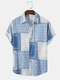 Mens Paisley Bear Scarf Print Lapel Short Sleeve Shirts - Blue