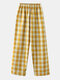 Check Print Elastic Waist Loose Straight Leg Pants Women - Yellow
