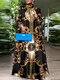 Vestido maxi feminino com estampa barroca plus size com gola - Preto