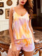 Women Tie Dye Lace Up Spaghetti Straps Tank Top High Waist Shorts Faux Silk Home Two Piece Pajamas - Pink
