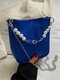 Women Vintage Faux Leather Pearl Decoration Chain Crossbody Bag Handbag - Blue