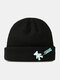 Unisex Knitted Solid Color Cartoon Bear Letter Pin Decoration Fashion Warmth Brimless Beanie Landlord Cap Skull Cap - Black
