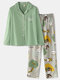 Plus Size Women Cute Cartoon Animal Print Lapel Comfy Cotton Home Pajamas Set - Green