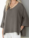 Casual Solid Color Split V-neck Loose Plus Size Blouse - Coffee