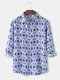 Mens Allover Geometric Print Lapel Relaxed Fit Long Sleeve Curved Hem Shirts - Blue