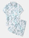 Mens Leaf Print Lapel Short Sleeve Casual Shirt & Drawstring Shorts Co-ords - Blue