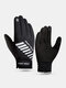 Men Spandex Polar Fleece Plus Velvet Letter Striped Reflective Strip Full-finger Warmth Outdoor Waterproof Non-slip Gloves - Black