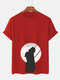 Mens Japanese Warrior Moon Print Crew Neck Short Sleeve T-Shirts - Red