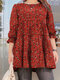 Allover Floral Print Puff Sleeve Crew Neck Casual Blouse - Red