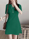Solid Short Sleeve Invisible Zip V-neck A-line Dress - Green