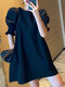 Solid Shirred Puff Sleeve Crew Neck A-line Casual Dress - Black