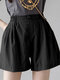 Shorts casuais de bolso com botão de cintura elástico sólido - Preto