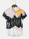 Mens Abstract Landscape Print Lapel Curved Hem Holiday Shirt - Yellow