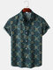 Mens Vintage Floral Print Button Up Short Sleeve Shirt - Blue