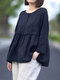 Lace Pleated Long Sleeve Plus Size Loose Blouse - Navy