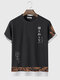 Herren-Patchwork-T-Shirts mit ethnischem Totem und japanischem Aufdruck, kurzärmelig - Schwarz