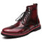 Men Stylish Brogue Carved Lace Up Leather Ankle  Boots - Red