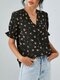 Puff Short Sleeve V-neck Button Floral Print Women Blouse - Black