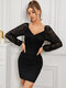 Black V-neck Lace Ruched Long Sleeves Bodycon Sexy Mini Dress - Black