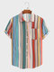 Mens Multicolor Striped Lapel Collar Casual Short Sleeve Shirts - Multicolor