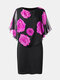 Rose Print Chiffon Cape Patchwork Plus Size Buttocks Dress - Purple