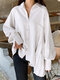 Solid Irregular Pleated Long Sleeve Lapel Button Down Shirt - White