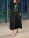 فستان كاجوال بطبعة اكمام طويلة وياقة دائرية للنساء - أسود
