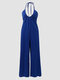Solid Spaghetti Strap Lace Up Open Back Wide Leg Jumpsuit - Blue