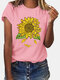 Sunflower Print Short Sleeve Casual O-neck T-shirt - Pink