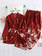 Conjuntos de pijamas caseros anudados con estampado de grúa de seda de hielo para mujer - rojo