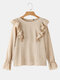 Solid Ruffle Comfy Long Sleeve Crew Neck Button Back Blouse - Apricot