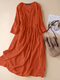 Vestido feminino sólido de meio botão de algodão casual manga 3/4 - laranja