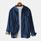 Mens Ethnic Style Corduroy Plush Solid Color Chest Pocket Long Sleeve Shirts - Blue