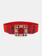 Women Inlaid Rhinestones Square Pin Buckle Decorative All-match Belt - Red