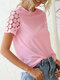 Solid Color Crochet Hollow Short Sleeve O-neck Women T-shirt - Pink
