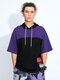 Men Cotton Hit Colorblock Applique Drop Shoulder Hooded Drawstring Soft T-Shirt - Purple