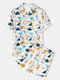 Cute Dinosaur Print Summer Thin Loungewear Sets Two Pieces Lapel Colla Short Sleeve Outfit - White