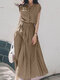 Solid Button Front Dress With Belt For Women - Khaki