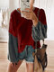 Patchwork Contrast Color Long Sleeve Blouse For Women - Wine Red