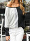 Women Sequins Patchwork Contrast Color Long Sleeve Casual Blouse - White