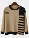 Mens Patchwork Asymmetrical Hem Round Neck Casual Knitted Sweater - Khaki